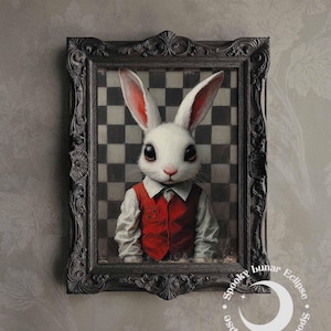 White Rabbit on Checkered Backdrop Art Print Alice in Wonderland Painting Gothic Fairytale Print Mad Tea Party Wall Art Dark Animals Poster