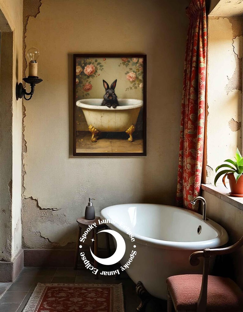 Süßer Hase Art Print für Badezimmer, Tiere in der Badewanne, Wanddeko, Kindertoilette, Cottagecore, Kaninchen Poster, Forestcore Tierbild, Bild 5