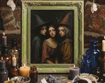 Three Witches Coven Print Art Vintage Gothic Oil Paint Moody Dark Academia Decor Witchy Wall Art Occult Cottagecore Witch Room Poster Girls