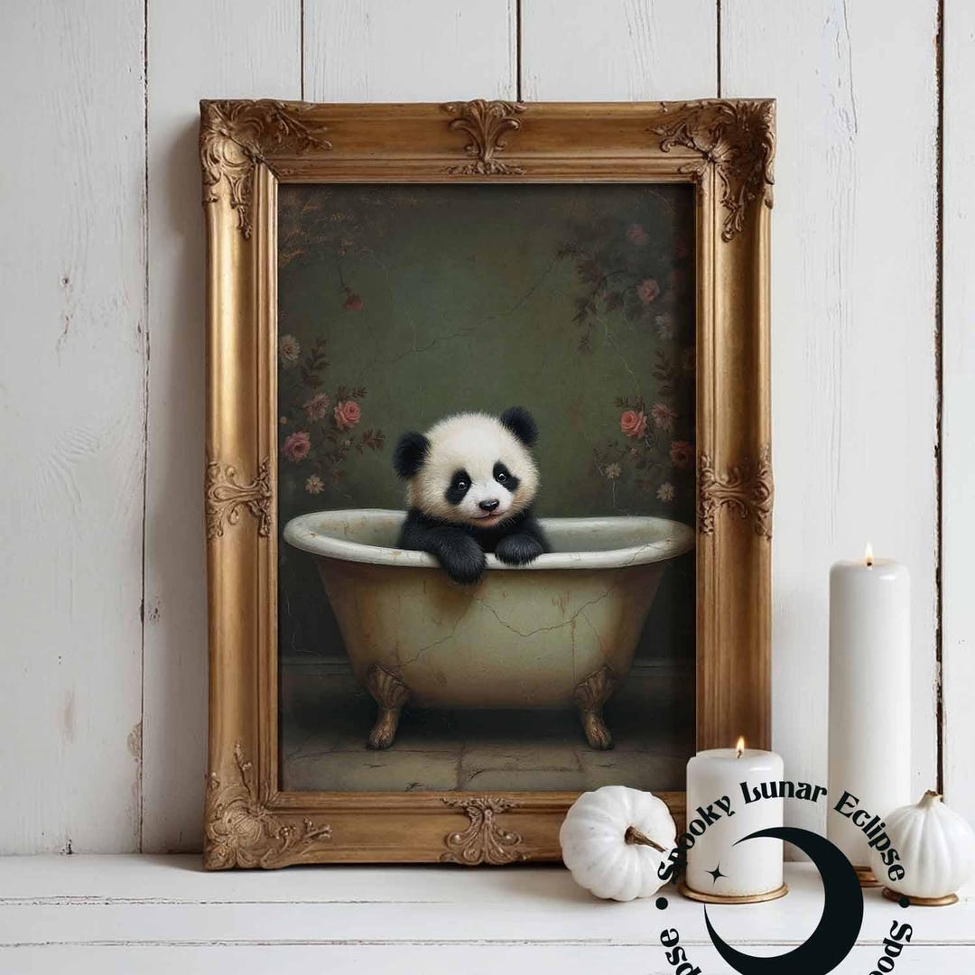 Cute Panda in Bathroom Art Print Animals in Bathtub Wall Art Vintage ...