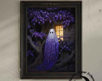 Floral Purple Ghost Art Print Spooky Paint Halloween Wall Decor Gothic Ghost Print Vintage Creepy Art Witchy Home Decor Dark Academia Poster