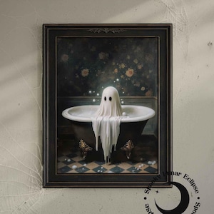 Vintage Cute Ghost Print for Bathroom Dark Academia Toilet Paint Bathtub Wall Art Rustic Gothic Decor Cottagecore Bath Poster Halloween Art