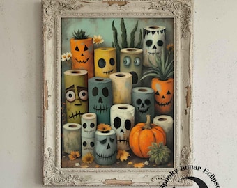 Funny Halloween Bathroom Art Print Toilet Paper WC Painting Haunted Paper Rolls Art Cute Monster Print Gothic Restroom Poster Guest Bath Art