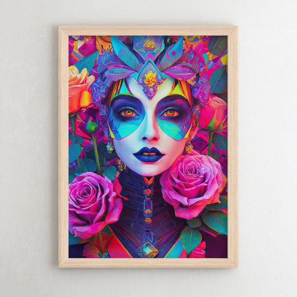 Neon Flowers Woman, AI Art, Arte Digitale, Download Digitale, Poster, Arte da Stampare, Arte da parete, Contemporary Art, Pop Art