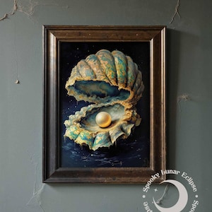May include: A framed artwork depicts a detailed, open seashell with a lustrous pearl inside. The shell features a textured, multi-colored design with shades of blue, green, and gold. The background is a dark blue, and the frame is a dark brown.