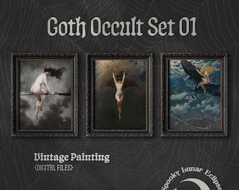 Conjunto vintage de 3 láminas de arte gótico ocultista: pintura al óleo antigua, lámina de la Mujer Murciélago, arte de brujas, macabro, póster victoriano para pared de galería, estilo Dark Academia.