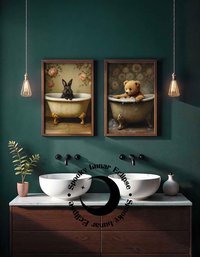 Süßer Hase Art Print für Badezimmer, Tiere in der Badewanne, Wanddeko, Kindertoilette, Cottagecore, Kaninchen Poster, Forestcore Tierbild, Bild 8