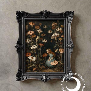 Alice im Wunderland unter den bösen Blumen Print Art Botanic Dark Academia Poster Gothic Märchen Paint Tea Party Wall Decor Dark Fantasy Print
