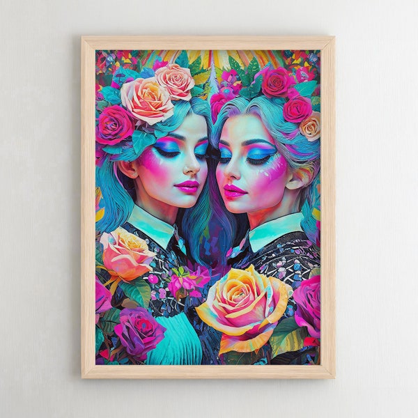 Neon Flowers Twins, AI Art, Arte Digitale, Download Digitale, Poster, Arte da Stampare, Arte da parete, Contemporary Art