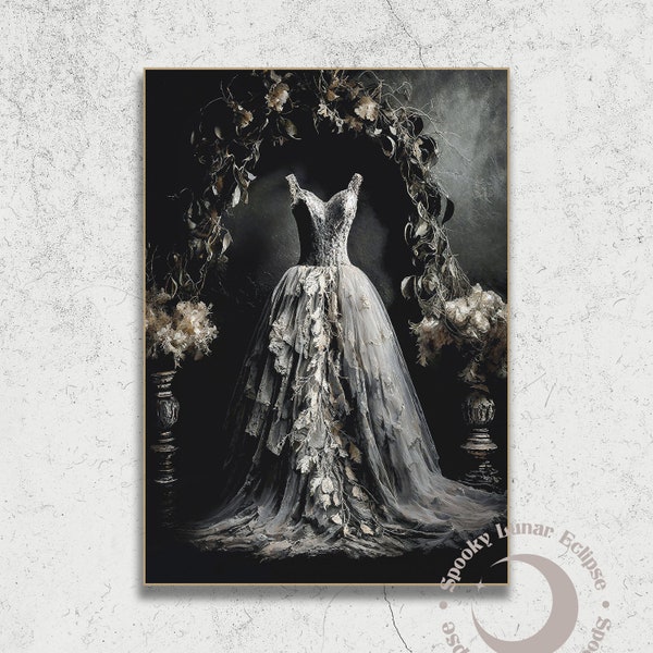Stampa abito tulle gotico vittoriano da sposa, stampe d'arte moda vintage, sfondo nozze gotiche, arte Dark Academia, arte arredamento strega