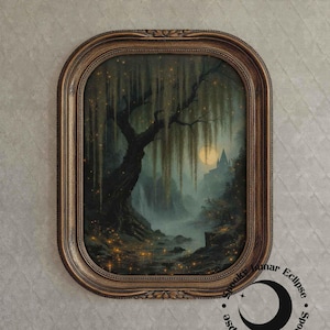 Salice piangente con lucciole e stampa artistica del castello, pittura fantasy oscura, decorazioni stregonesche, mondo dei maghi, stampa, arte della natura magica, poster da fiaba