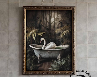 Vintage Schwan Druck für Badezimmer, Dark Academia für Badezimmer, elegante viktorianische Toilettendekor, Badewanne Wandkunst, weißer Schwan Malerei Kunstdruck