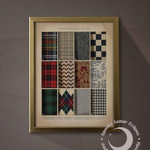 May include: A framed print titled "TEXTILE STYLE GUIDE - EST. 1891" featuring a grid of fabric swatches. The swatches showcase various patterns, including plaid, herringbone, and houndstooth, in colors like red, green, and blue. The frame is gold.