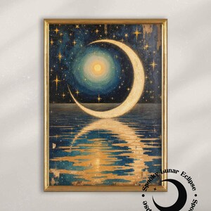 Mondsichel Spiegelt im Meer Art Print Himmlische Kosmos Farbe Mystische Wand Dekoration Sternenhimmel Poster Gold Mond Astrologie Kunstwerk