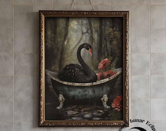 Schwarzer Schwan Poster für Badezimmer, Dark Academia Bad, elegante viktorianische Toiletten Deko, Tiere in der Badewanne Vintage Geschenk, Cottage Schwan Kunstwerk