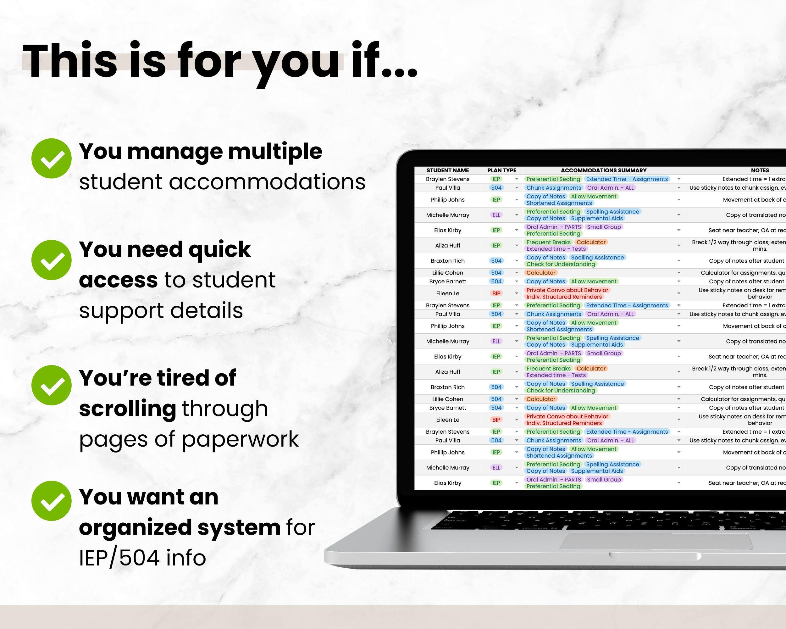 Student IEP/504 Accommodation Tracker Spreadsheet for Teacher | Google ...