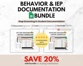 Rastreador de comportamiento y Rastreador de adaptaciones IEP/504, Paquete de hojas de cálculo de Google Sheets para maestros, Rastreador de datos de estudiantes Organización de educación especial
