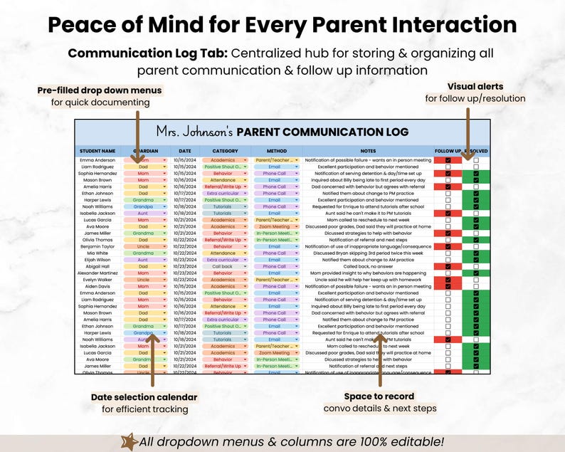 Digital Parent Communication Log for Teacher, Google Sheets Bookkeeping Template, Parent Call Log Spreadsheet Template, Planner for Teacher image 5