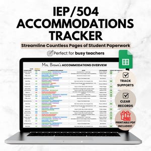 IEP/504 accommodatietracker-spreadsheet voor student voor docent | Google Spreadsheets IEP Caseload-organisatie | Plannersjabloon speciaal onderwijs