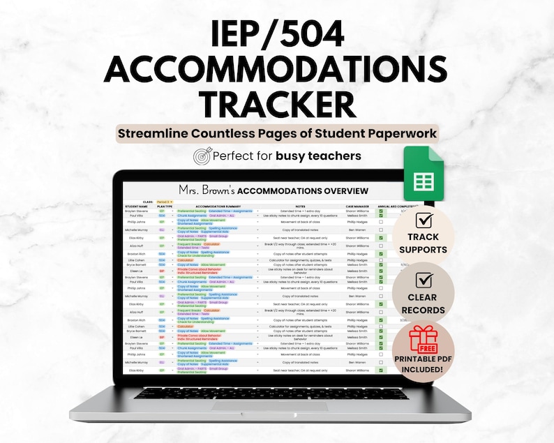 Student IEP/504 Accommodation Tracker Spreadsheet for Teacher | Google Sheets IEP Caseload Organization | Special Education Planner Template image 1