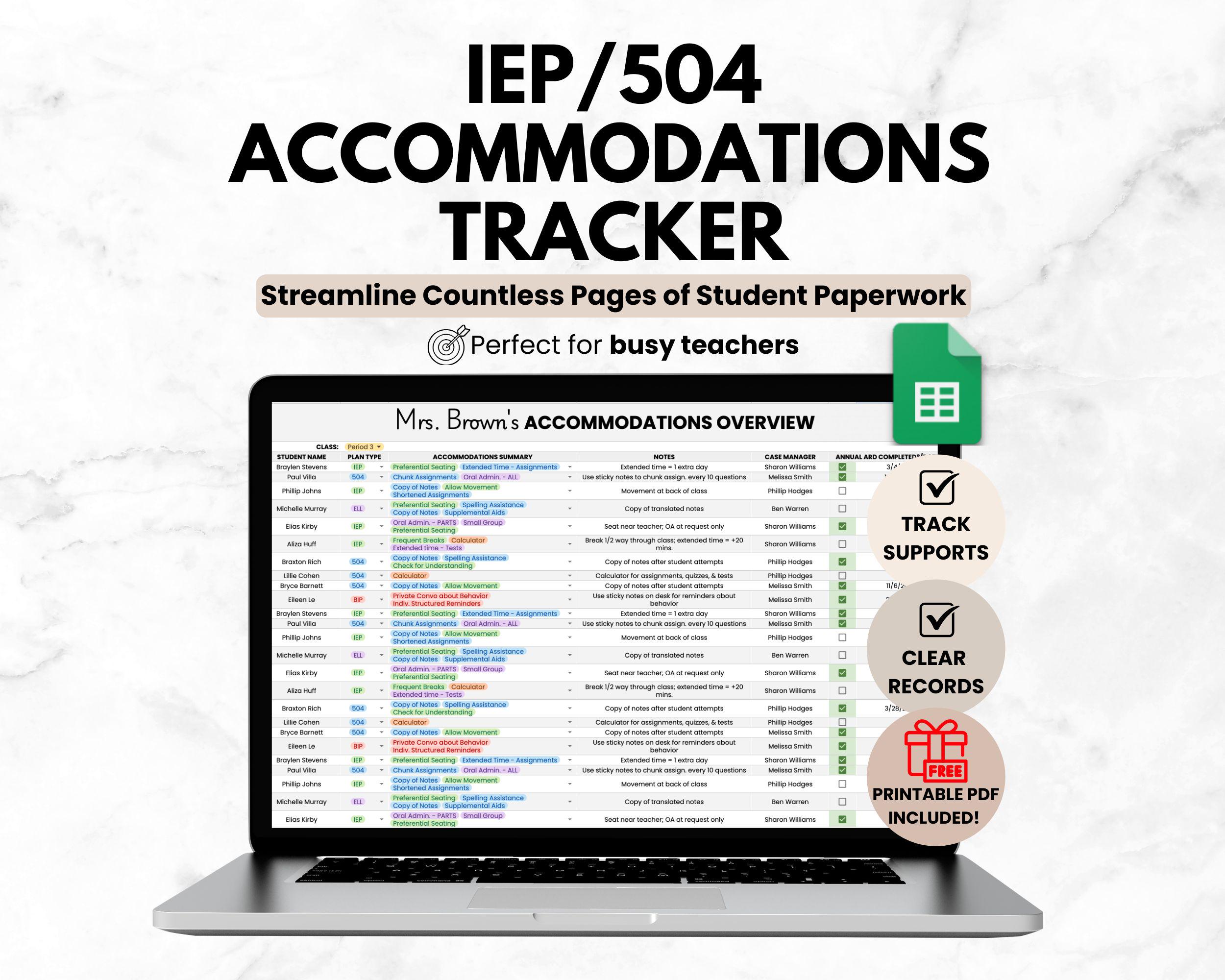 Student IEP/504 Accommodation Tracker Spreadsheet for Teacher | Google ...