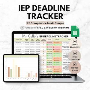 Google-spreadsheet IEP-deadline en caseload-tracker, SPED-spreadsheet compliance-tracking voor docenten, organisator caseload speciaal onderwijs, IEP-planner