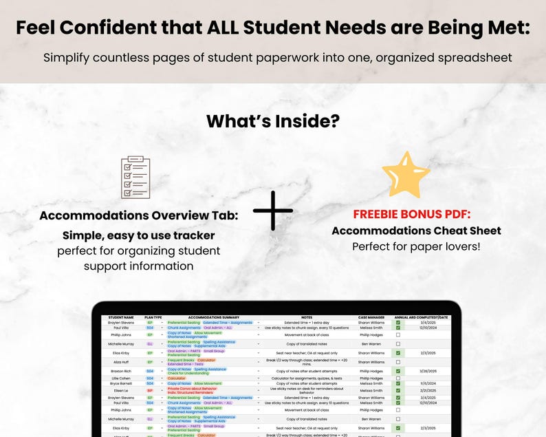 Student IEP/504 Accommodation Tracker Spreadsheet for Teacher | Google Sheets IEP Caseload Organization | Special Education Planner Template image 3