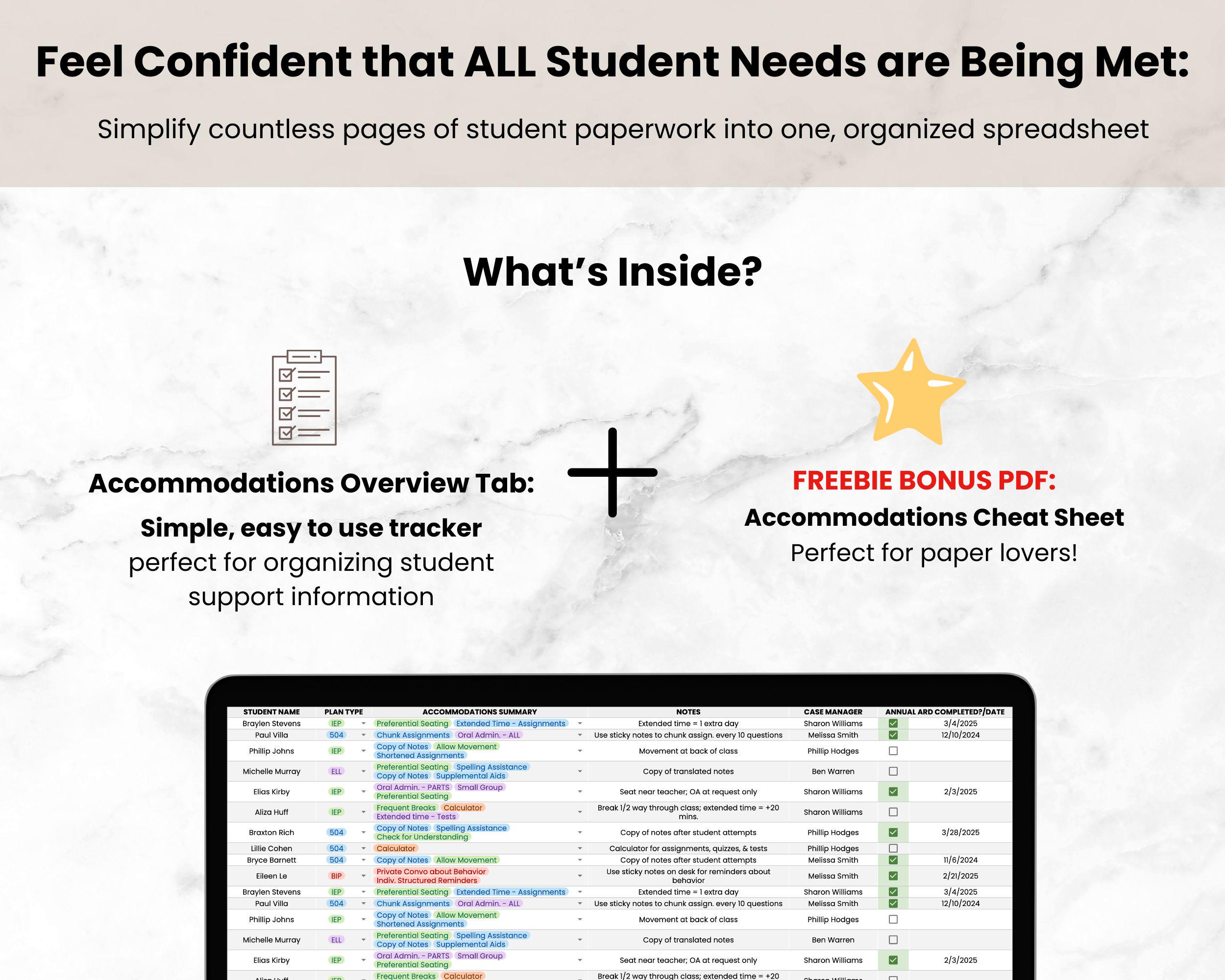 Student IEP/504 Accommodation Tracker Spreadsheet for Teacher | Google ...