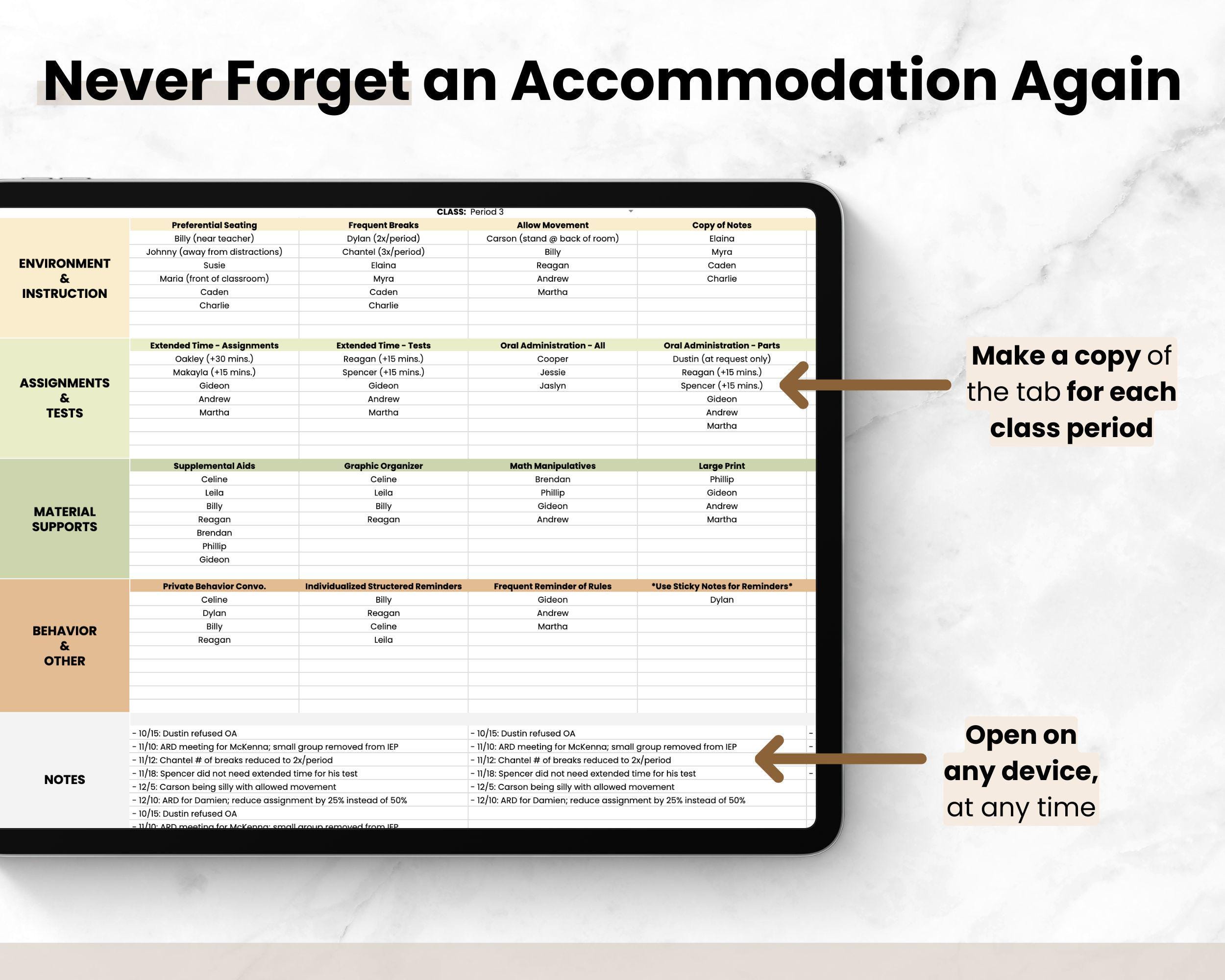 IEP/504 Student Accommodations Tracker Cheat Sheet, Teacher Google ...