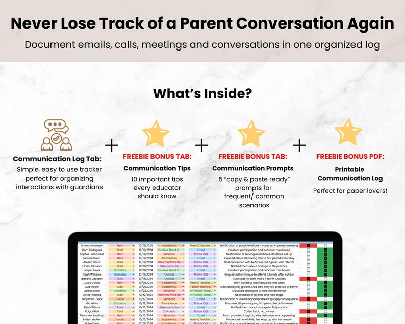 Digital Parent Communication Log for Teacher, Google Sheets Bookkeeping Template, Parent Call Log Spreadsheet Template, Planner for Teacher image 3