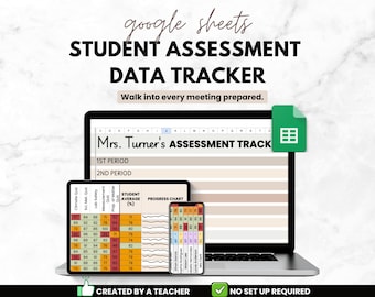 Hoja de cálculo de seguimiento de datos de evaluación de estudiantes para docentes, libro de calificaciones de Google Sheets, herramienta de organización para la gestión del aula, planificador docente