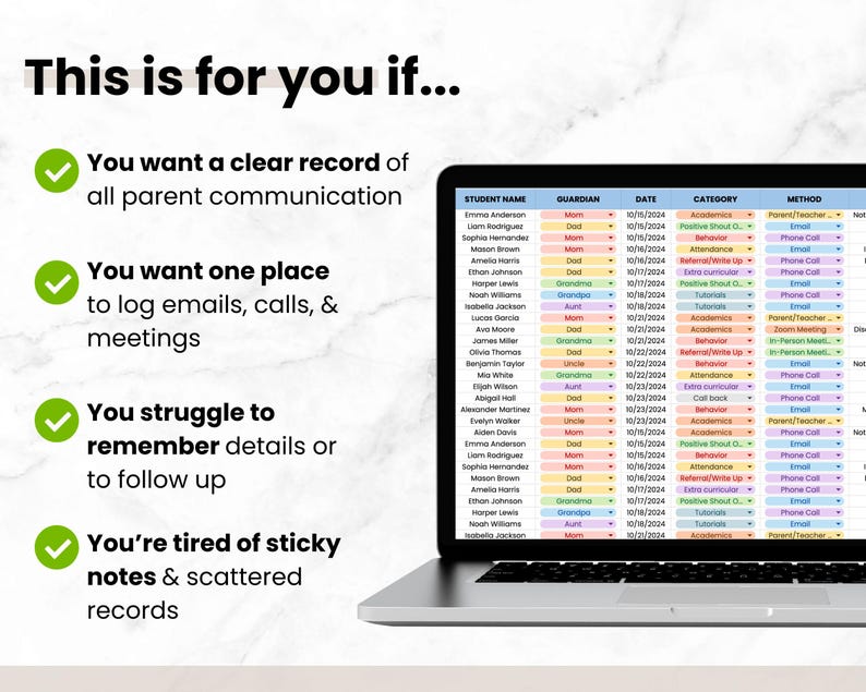 Digital Parent Communication Log for Teacher, Google Sheets Bookkeeping Template, Parent Call Log Spreadsheet Template, Planner for Teacher image 2