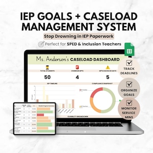 IEP Goals & Caseload Tracker Google Sheet, SPED Teacher Data Tracker Spreadsheet, Logs for ARD Meetings, Service Minutes, and Goal Progress