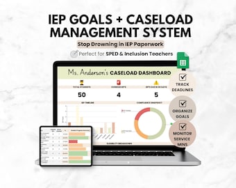 Hoja de Google de seguimiento de objetivos y carga de trabajo del IEP, hoja de cálculo de seguimiento de datos de docentes de educación especial, registros de reuniones de ARD, actas de servicio y progreso de objetivos
