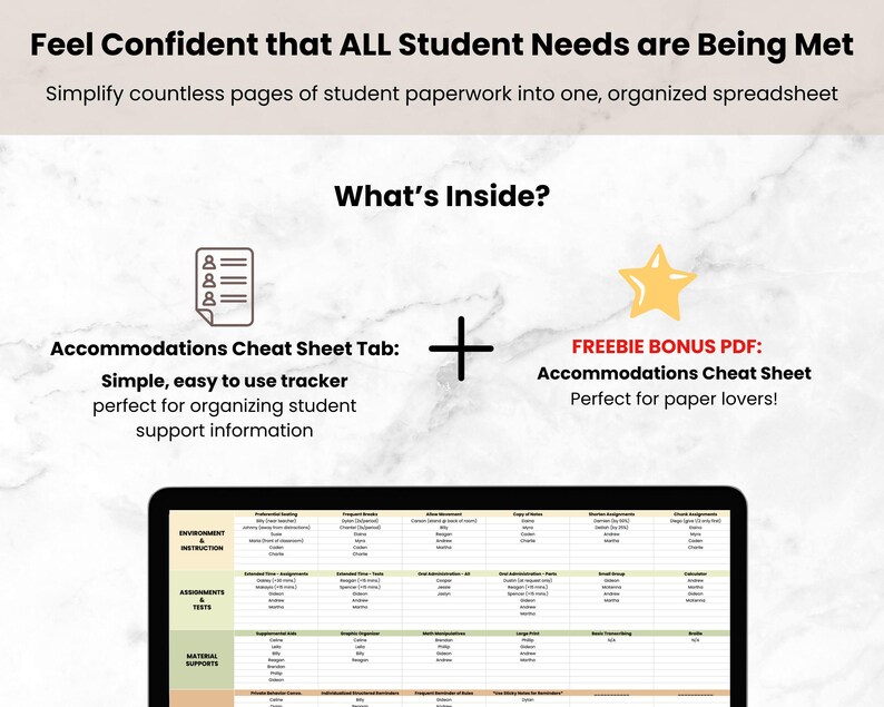 IEP/504 Student Accommodations Tracker Cheat Sheet, Teacher Google ...