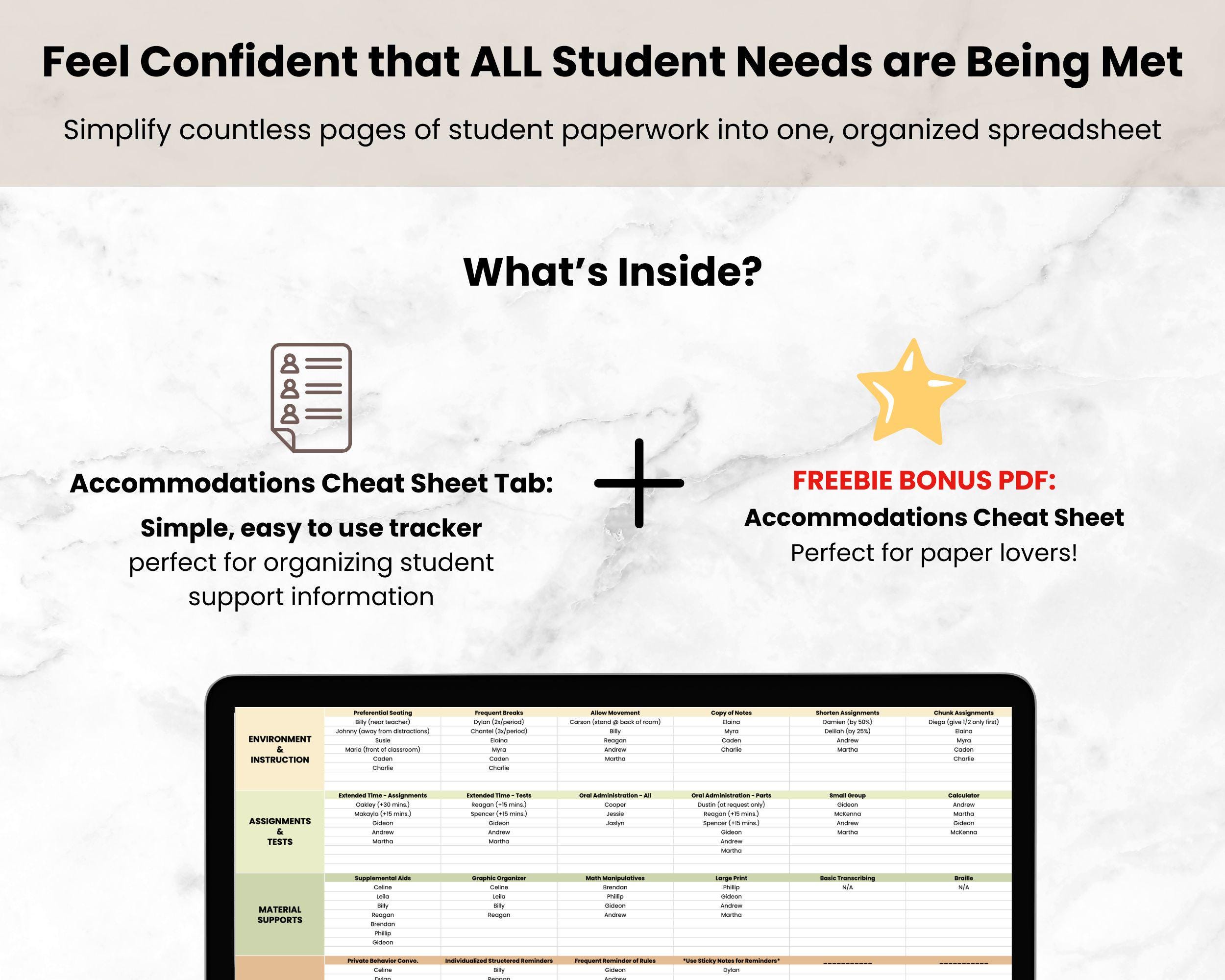 IEP/504 Student Accommodations Tracker Cheat Sheet, Teacher Google ...