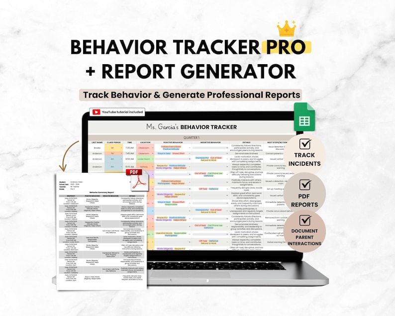 Student Behavior Tracker Spreadsheet for Classroom Teacher, Google ...