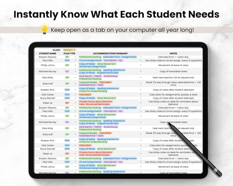 Student IEP/504 Accommodation Tracker Spreadsheet for Teacher | Google Sheets IEP Caseload Organization | Special Education Planner Template image 6