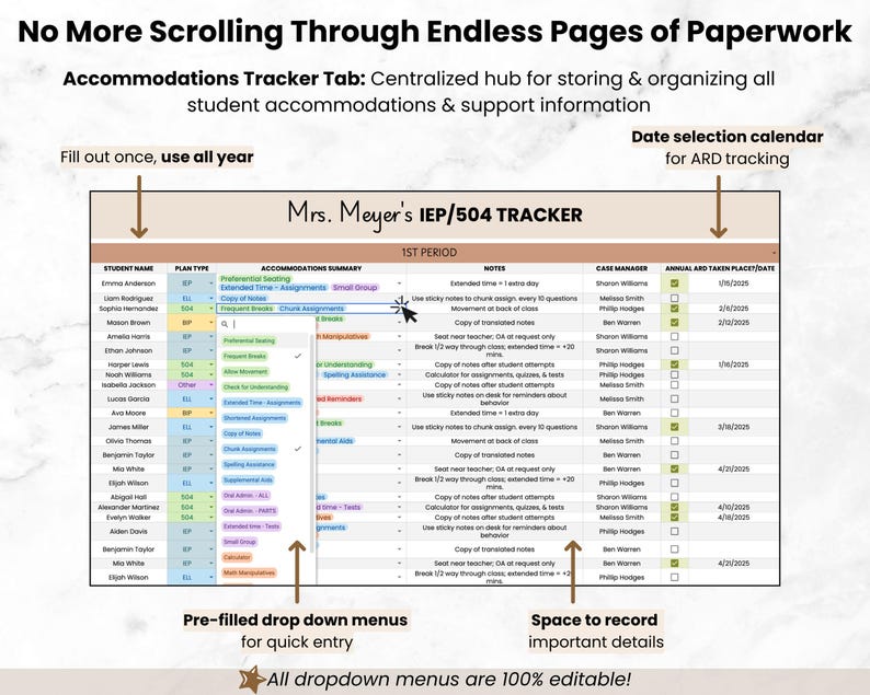 Student IEP Accommodation Tracker Teacher Spreadsheet | IEP 504 Tracker for Google Sheets | SPED Caseload Planner & Log for Organization image 6