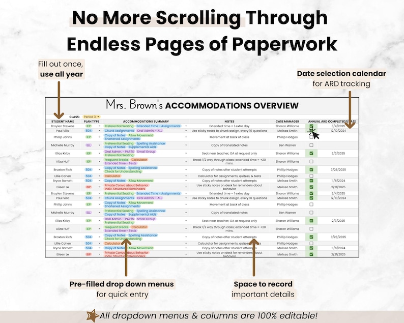 Student IEP/504 Accommodation Tracker Spreadsheet for Teacher | Google Sheets IEP Caseload Organization | Special Education Planner Template image 5