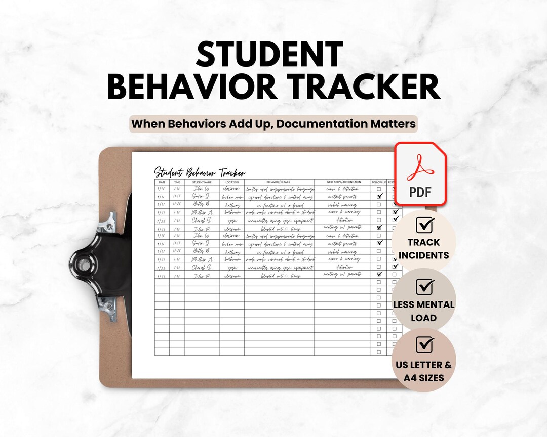 Student Behavior Tracker Printable for Teacher, Behavior Chart for ...