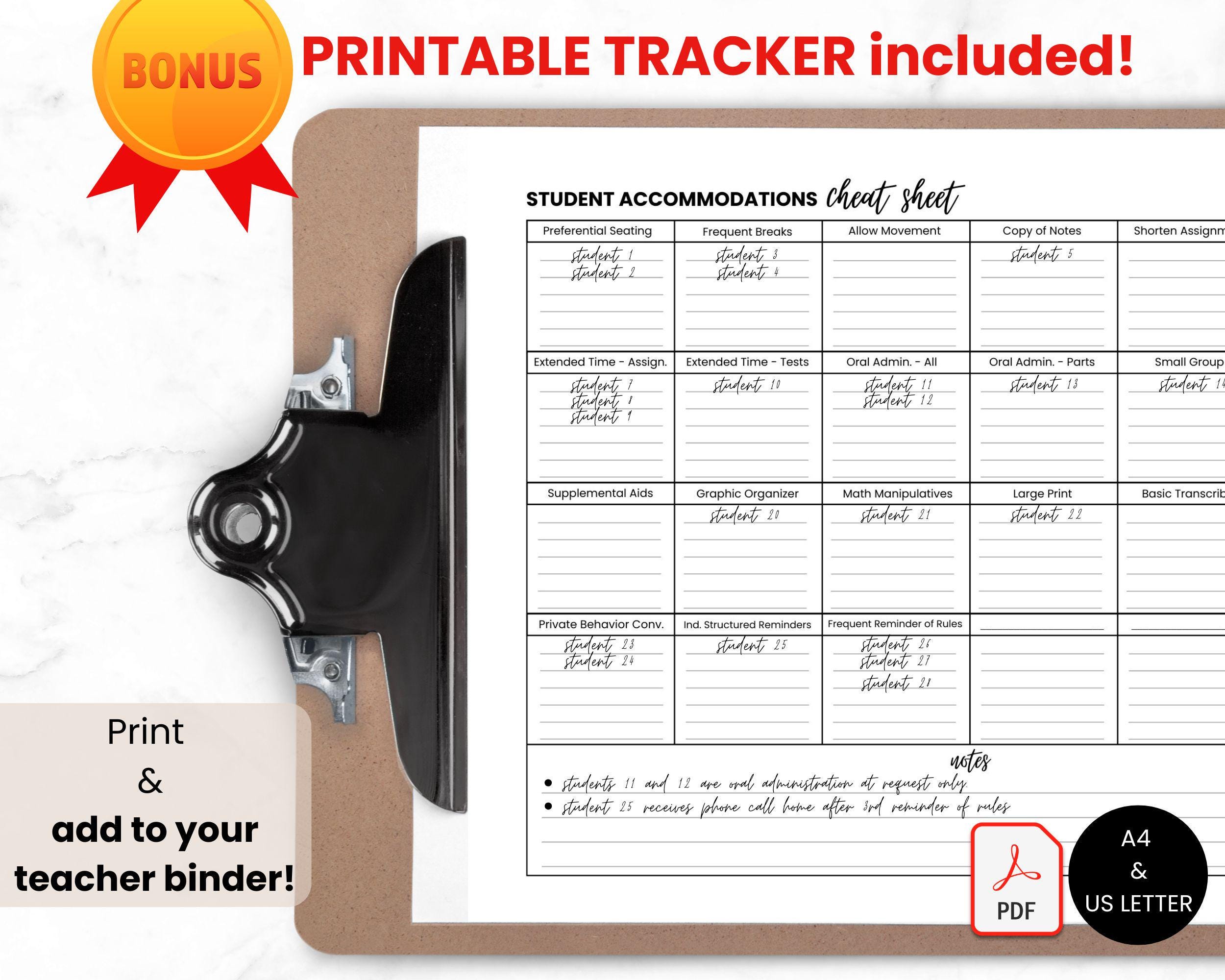 IEP/504 Student Accommodations Tracker Cheat Sheet, Teacher Google ...