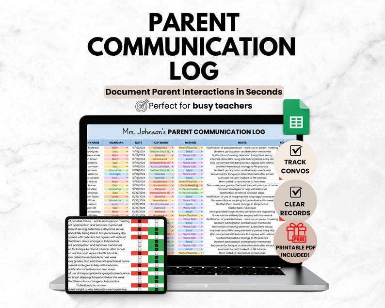 Digital Parent Communication Log for Teacher, Google Sheets Bookkeeping Template, Parent Call Log Spreadsheet Template, Planner for Teacher image 1