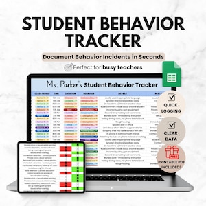 教師向けデジタル生徒行動トラッカー、Googleスプレッドシート簿記テンプレート、教師プランナーと教室向け行動チャートスプレッドシート