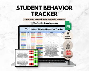 Seguimiento digital del comportamiento del alumno para profesores, plantilla de contabilidad de Google Sheets, hoja de cálculo con gráfico de comportamiento para la planificación del profesor y el aula.