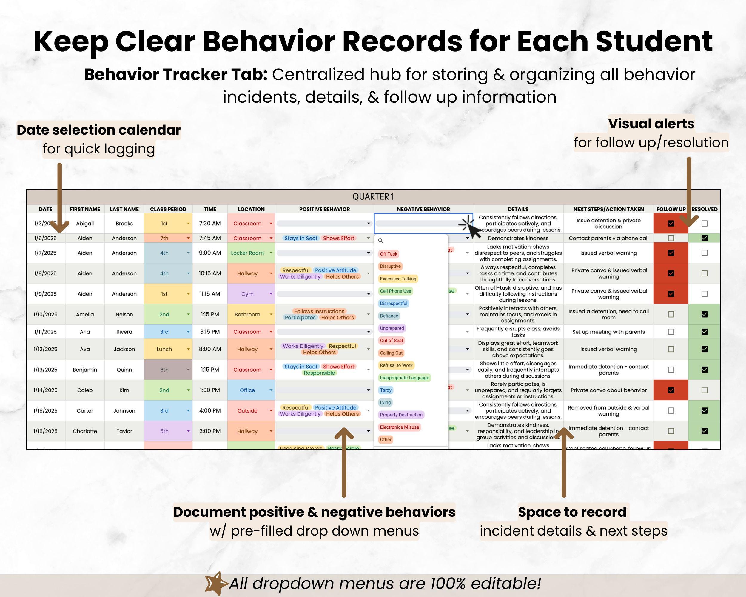 Student Behavior Tracker Spreadsheet for Classroom Teacher, Google ...