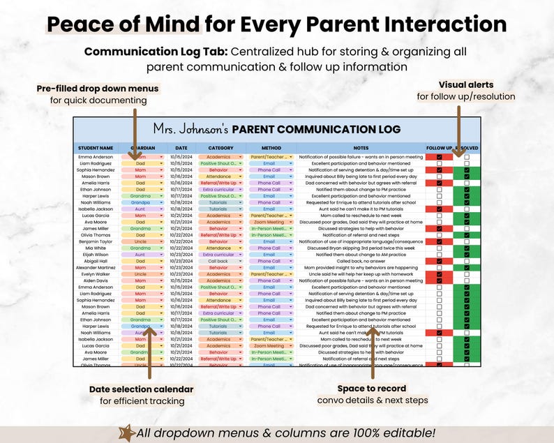 Teacher Documentation Google Sheets Bundle, IEP Accommodations Tracker, Behavior Tracker, Parent Communication Log Spreadsheets for Teachers image 6