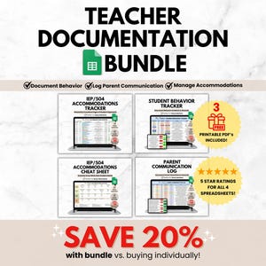 Teacher Documentation Google Sheets Bundle, IEP Accommodations Tracker, Behavior Tracker, Parent Communication Log Spreadsheets for Teachers