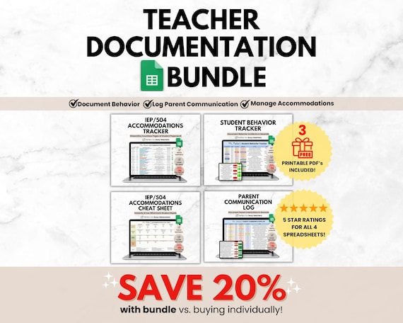 Teacher Documentation Google Sheets Bundle, IEP Accommodations Tracker, Behavior Tracker, Parent Communication Log Spreadsheets for Teachers