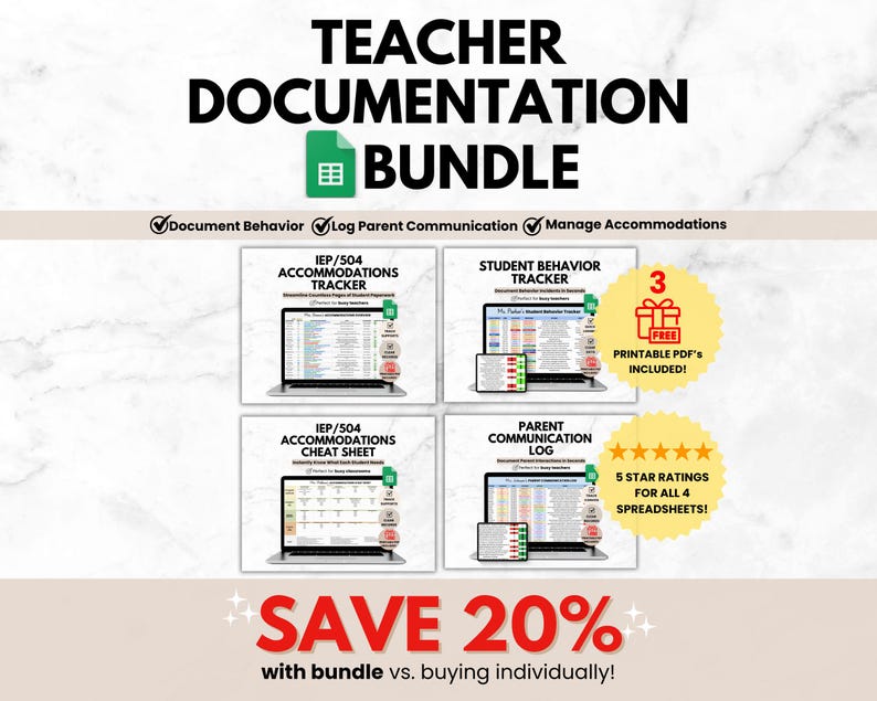 Teacher Documentation Google Sheets Bundle, IEP Accommodations Tracker, Behavior Tracker, Parent Communication Log Spreadsheets for Teachers image 1